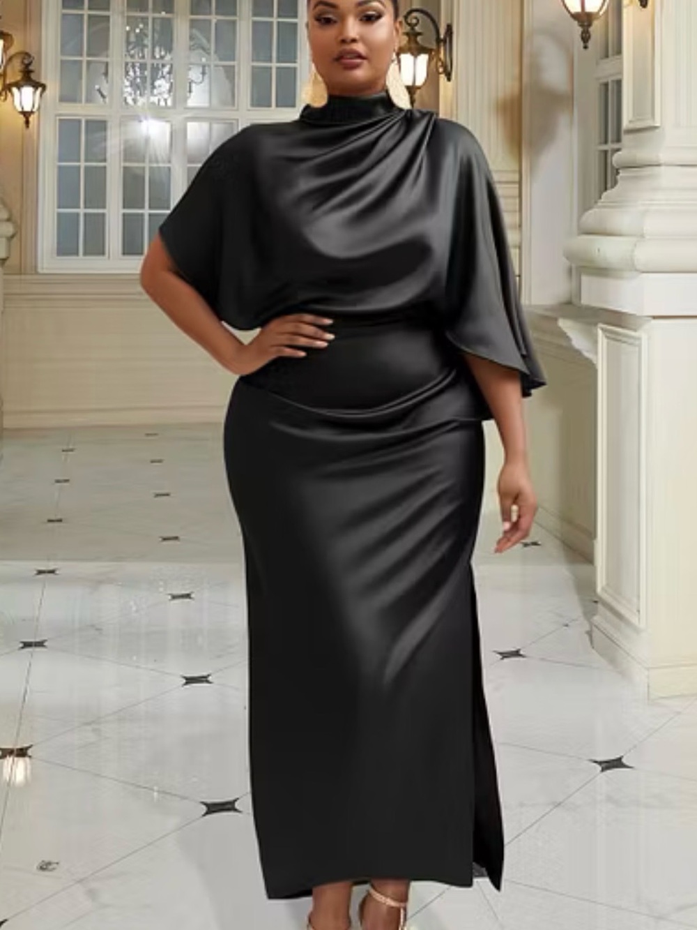 Black oblique collar Satin Dress